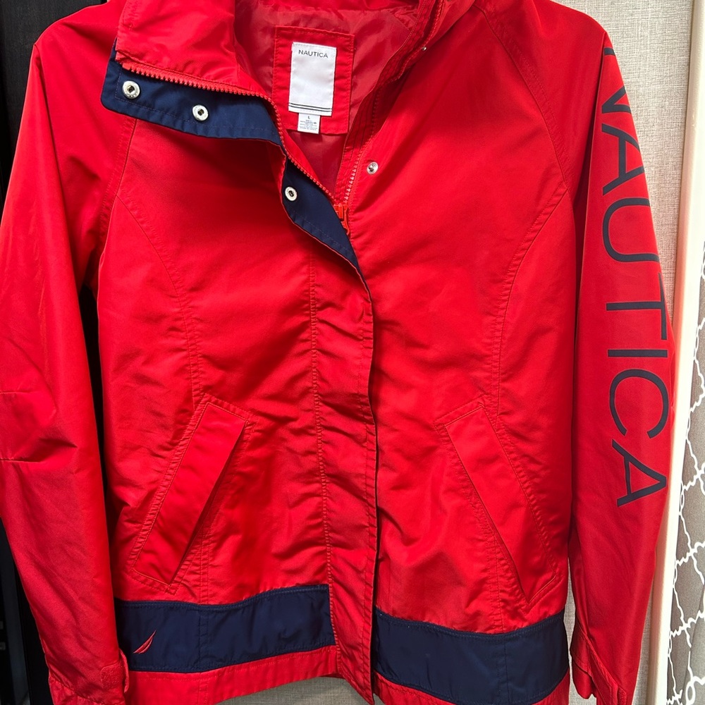 Vintage Nautica Women's Red Windbreaker Jacket Large with hood